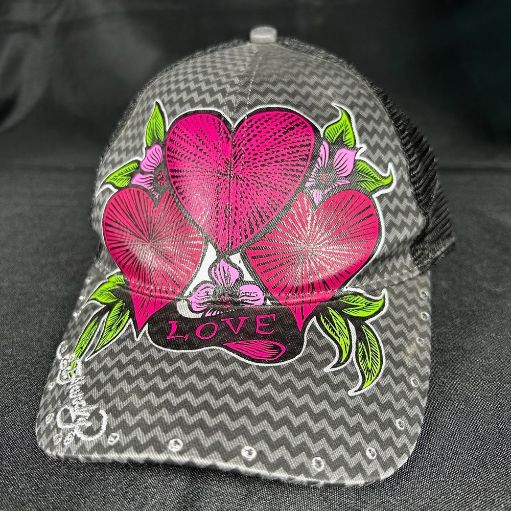 Ed Hardy "Love" Trucker Graphic Snapback Cap/Hat - Hearts & Rhinestone w/Chevron